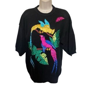 Vintage Embellished Parrot Sweater 80s 90s Beads Sequins Cloth Appliqués Sz L